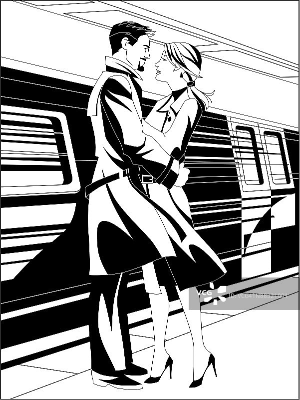一对情侣在地铁里拥抱图片素材