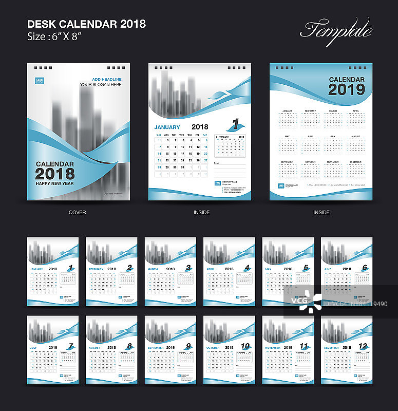 桌面日历2018模板设计，蓝色封面，一套12个月，商业日历的想法图片素材