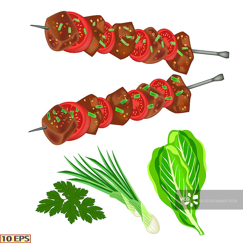 加香料和洋葱的烤肉串。烤肉串上的烤肉。美味的肉，在木炭上烤，配上西红柿，洋葱和面包。食谱插图，餐厅菜单，厨房内部。图片素材