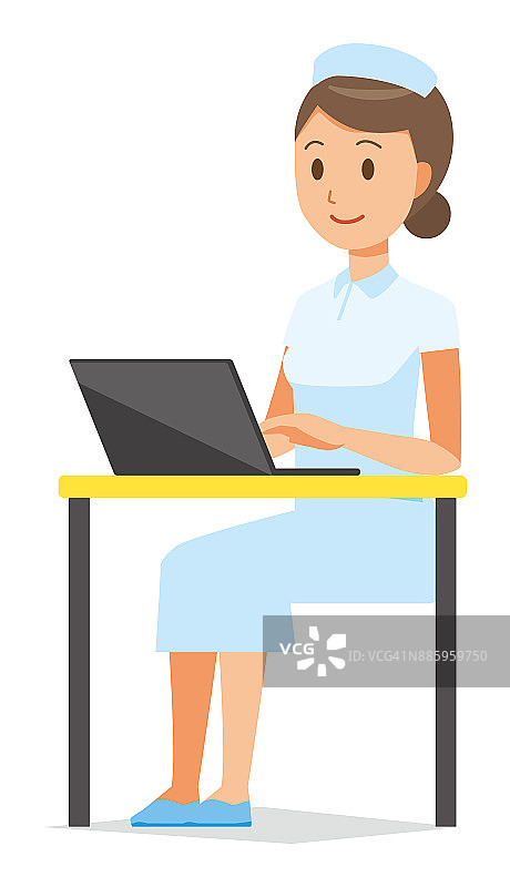 一位戴护士帽、穿白大褂的女护士正在操作一台笔记本电脑图片素材