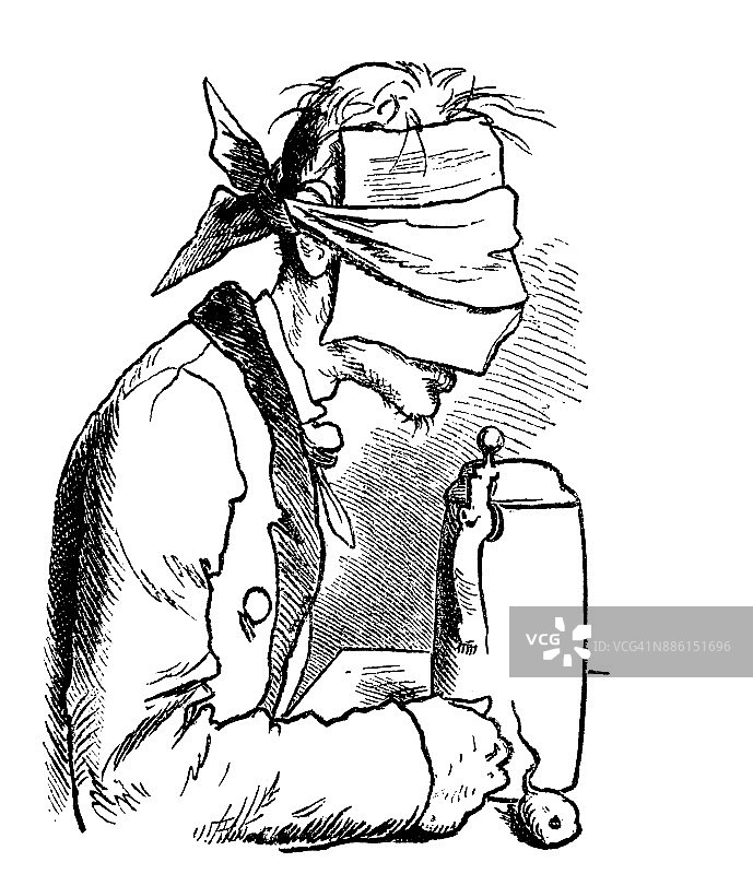 一个蒙住眼睛的老人喝啤酒——1867年图片素材
