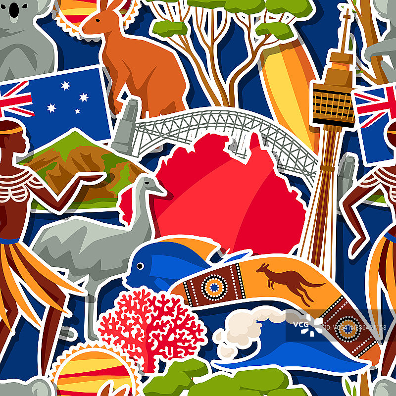 澳大利亚无缝模式。澳大利亚传统贴纸符号和物体图片素材