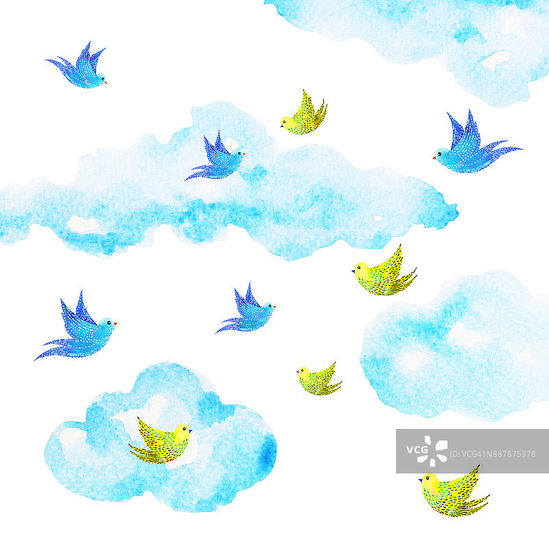 自由鸟飞图案最小水彩画手绘设计插图图片素材
