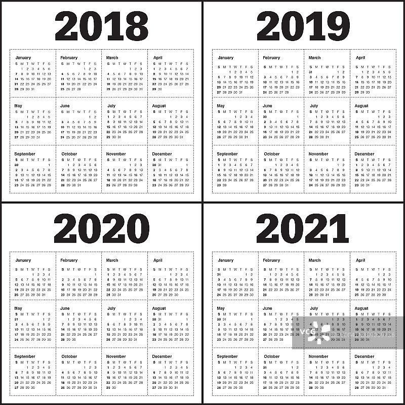 2018年2019年2020年2021年日历向量图片素材