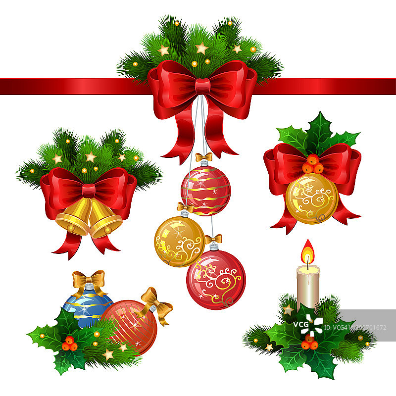 一套圣诞节日装饰。装饰由树枝，圣诞星，冬青，球和金铃红丝带。矢量插图。图片素材