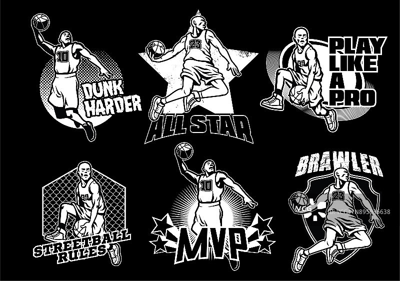 篮球徽章收集在黑色和白色图片素材
