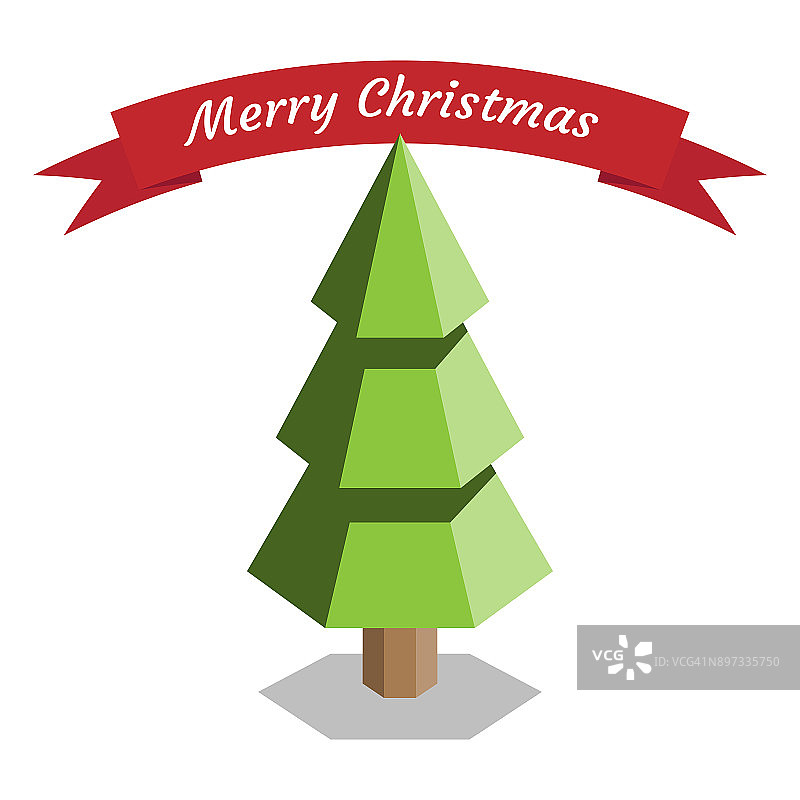 题词圣诞快乐，一棵绿色的圣诞树。矢量插图。图片素材