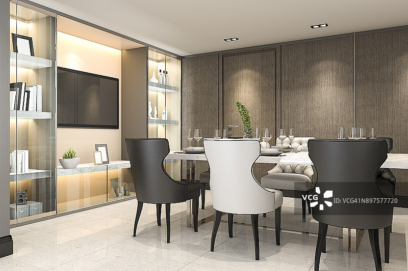 3d渲染餐厅设置在现代豪华的棕色餐厅图片素材