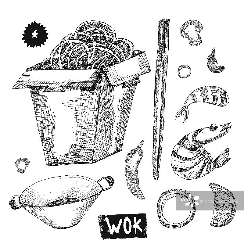 锅手绘矢量素描插图与锅，面条，辣椒，虾。亚洲快餐设计。完美的横幅，卡片，海报，菜单，打印。图片素材