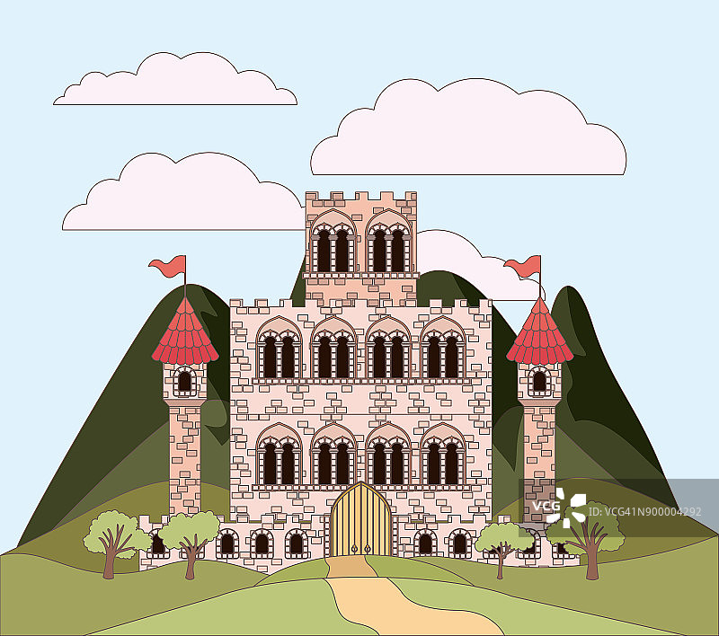 风景与山和公主城堡在多彩的剪影图片素材