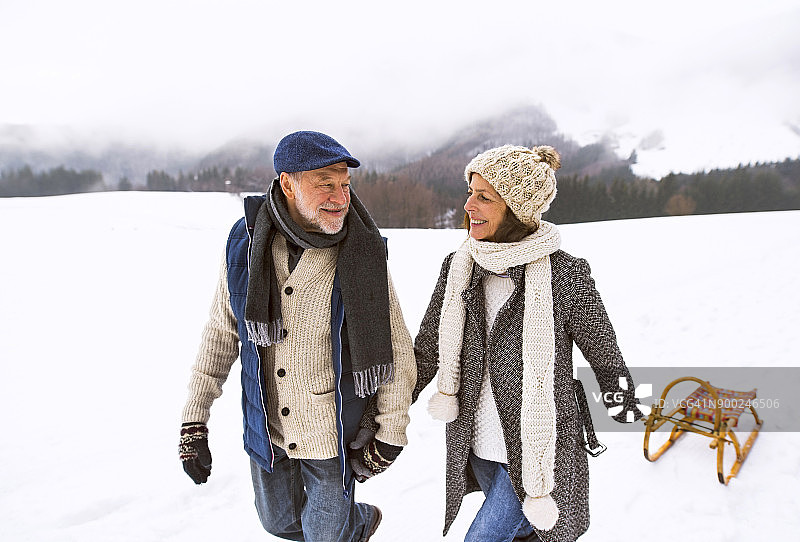 快乐的老年夫妇拉着雪橇在白雪覆盖的风景中行走图片素材