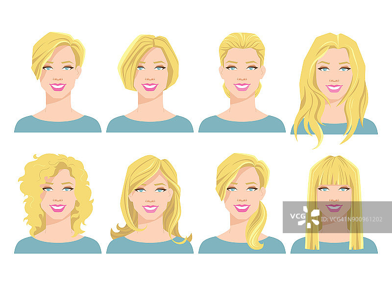 矢量插图的年轻女人的脸与不同的发型图片素材