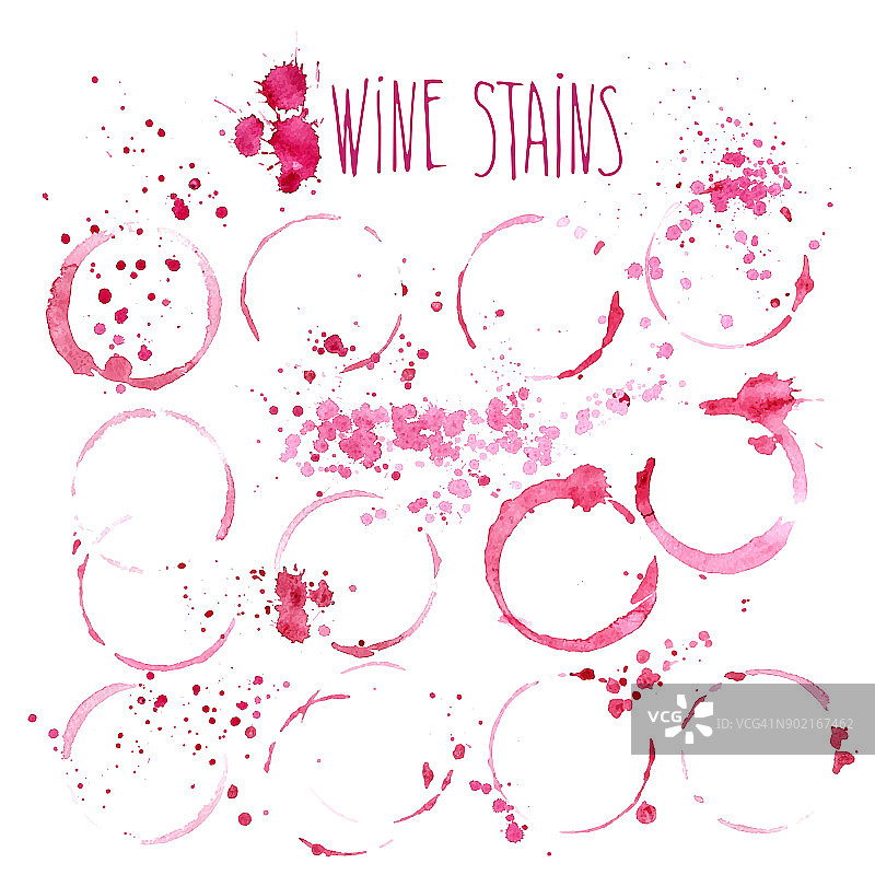 葡萄酒污点矢量水彩插图。葡萄酒飞溅和污点孤立在白色背景图片素材
