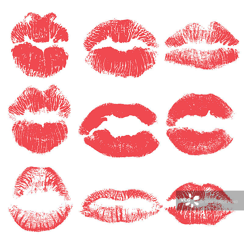 女性吻形状的嘴唇插图集。女人性感的嘴染色孤立在白色的背景。手工制作的面部表情和红色唇膏。向量。图片素材