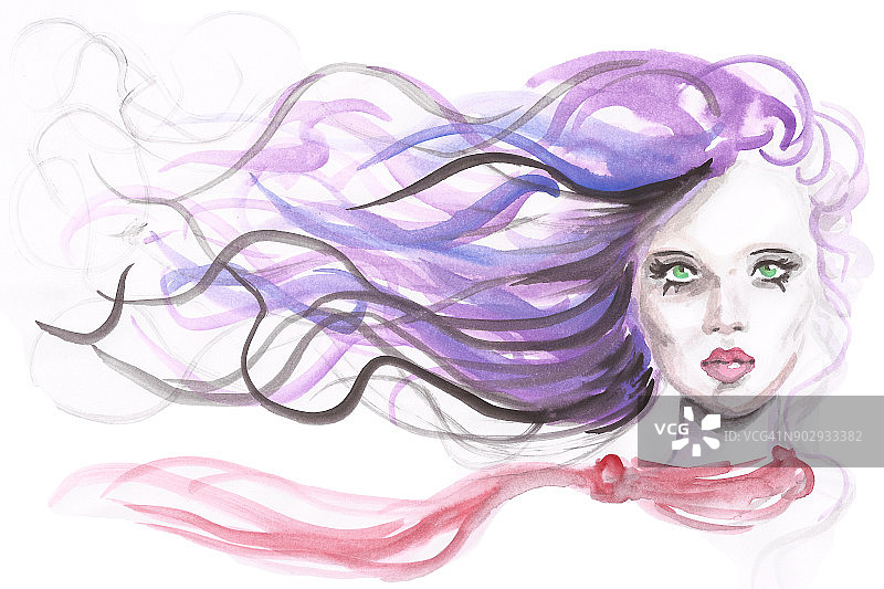水彩女子肖像与紫色的头发在风中吹拂，时尚插图图片素材