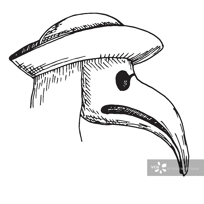 画出鼠疫医生的头像，带鸟面具和帽子。图片素材