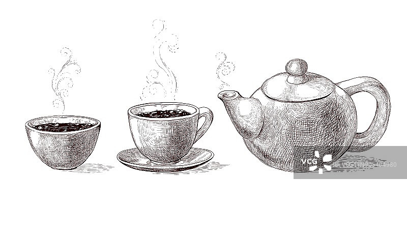 矢量黑白素描插图的新鲜冲泡热和调味的早上咖啡和茶从茶壶在杯子。用碗蒸饮。模仿古典雕刻图片素材