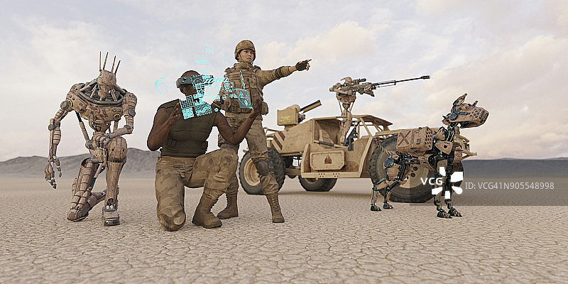 沙漠里的未来战士和机器狗图片素材