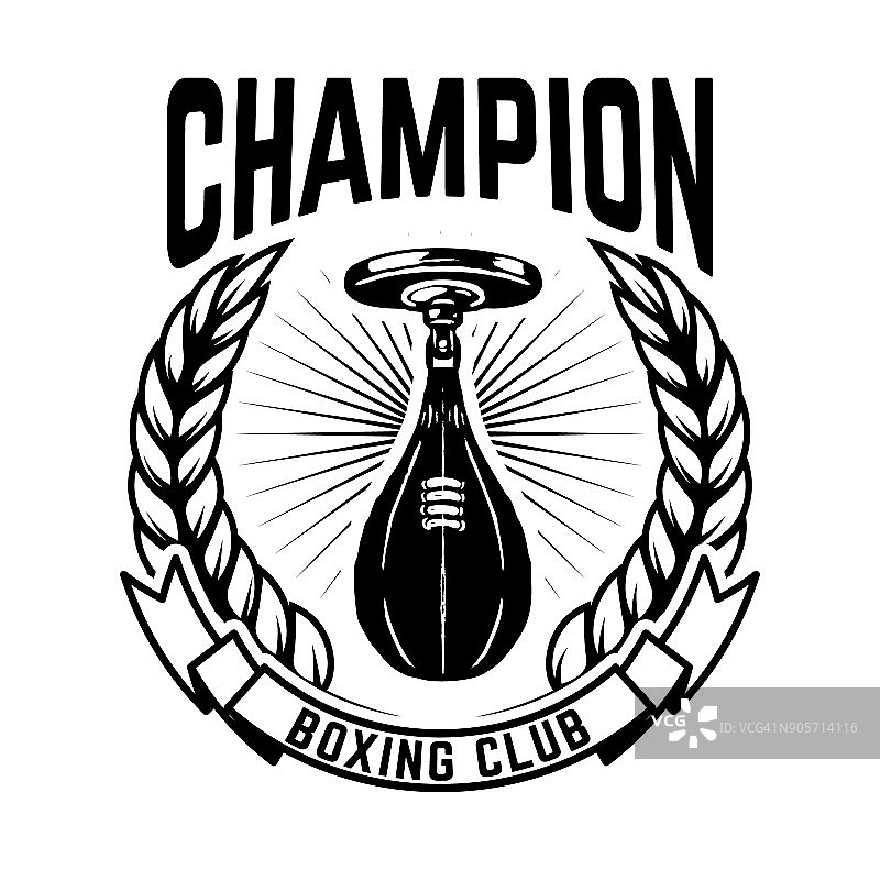 拳击冠军俱乐部。会徽模板与拳击袋。商标、会徽、标识的设计元素。图片素材