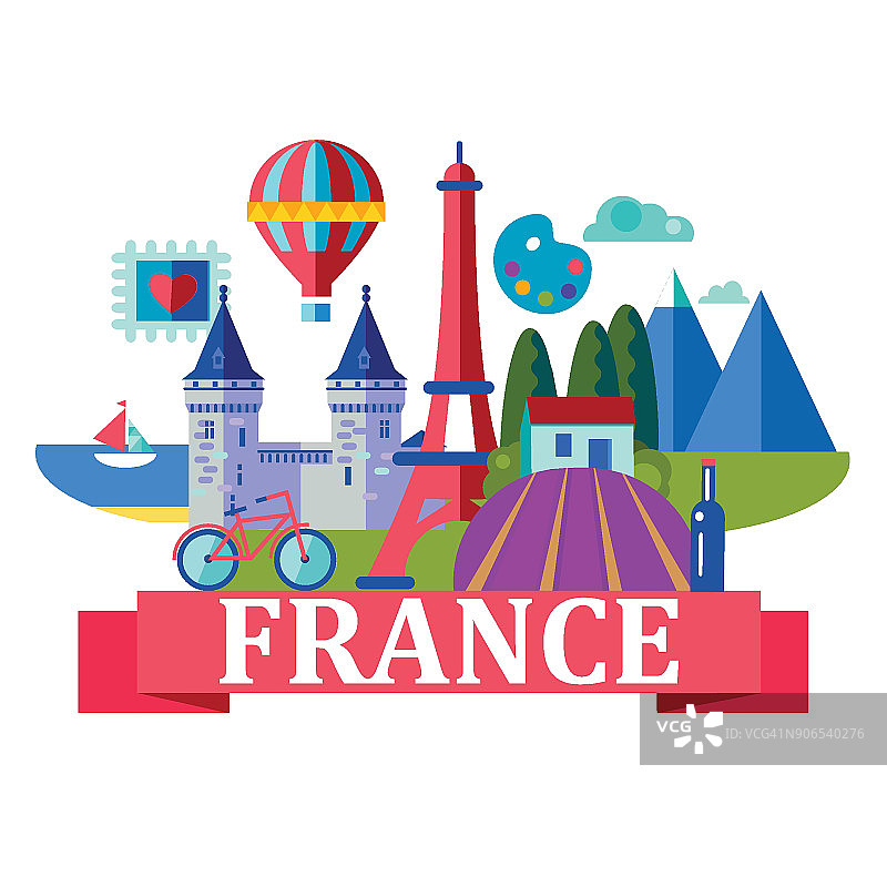 法国之旅矢量平面风格插图图片素材