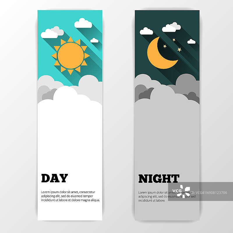 太阳，月亮和星星，云的图标。白天和黑夜的矢量旗帜。平面风格的插图与长阴影。日间概念海报图片素材