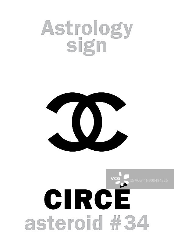 星相字母表:CIRCÉ，编号34的小行星。象形文字符号(单符号)。图片素材