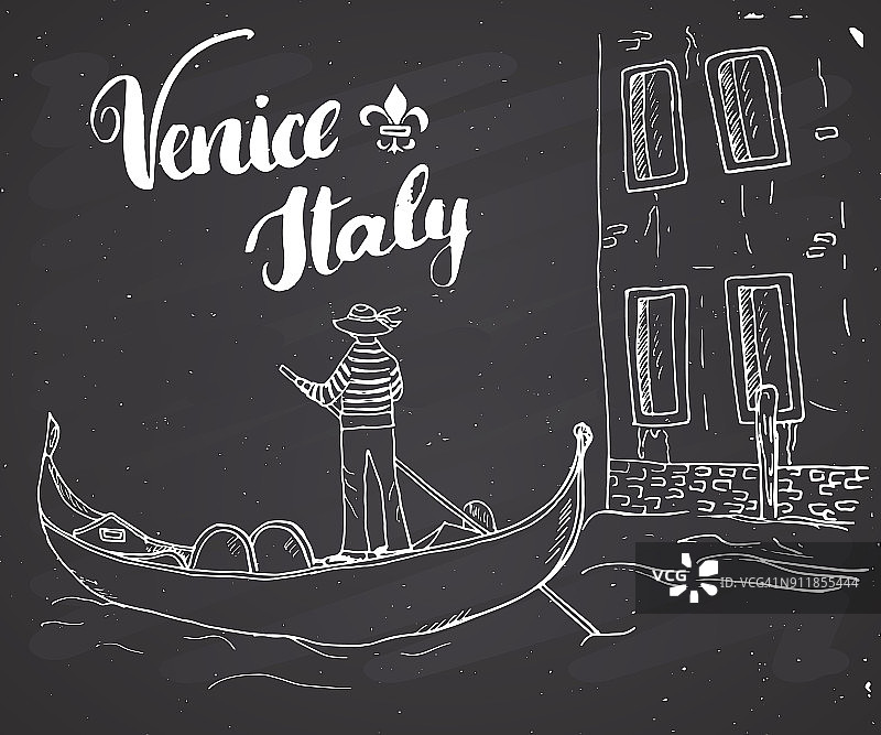 意大利威尼斯手绘素描涂鸦船夫，手写签名，垃圾书法文本。矢量插图黑板背景图片素材