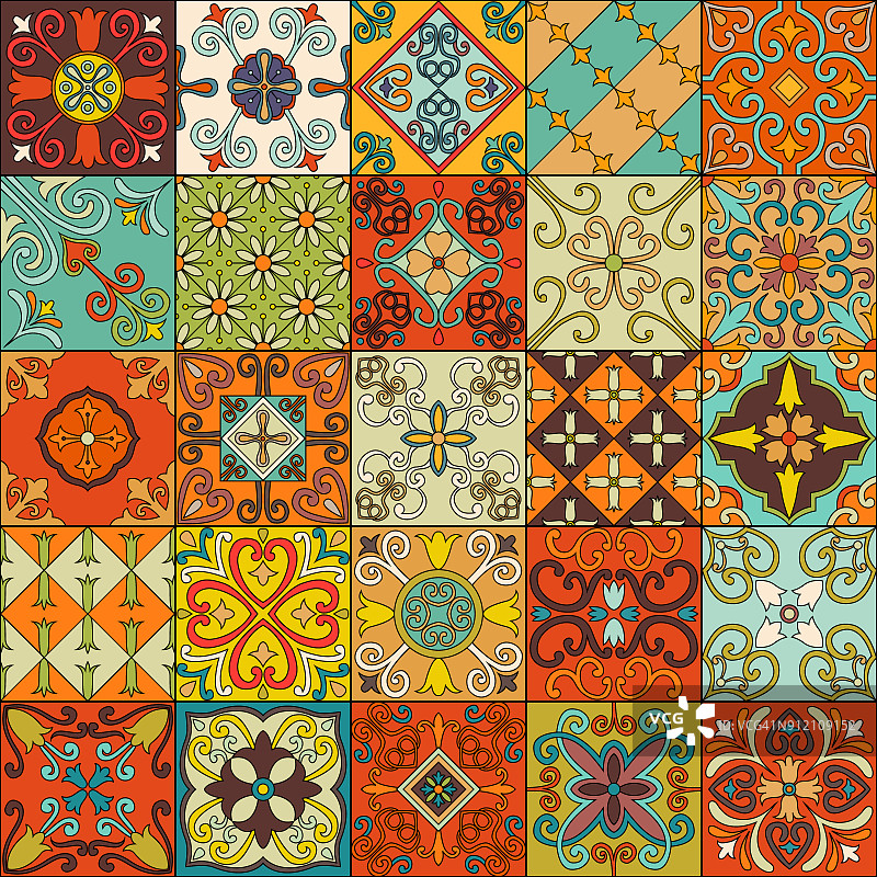 无缝模式与葡萄牙瓷砖在塔拉韦拉风格。阿祖列霍，摩洛哥，墨西哥的装饰品。图片素材