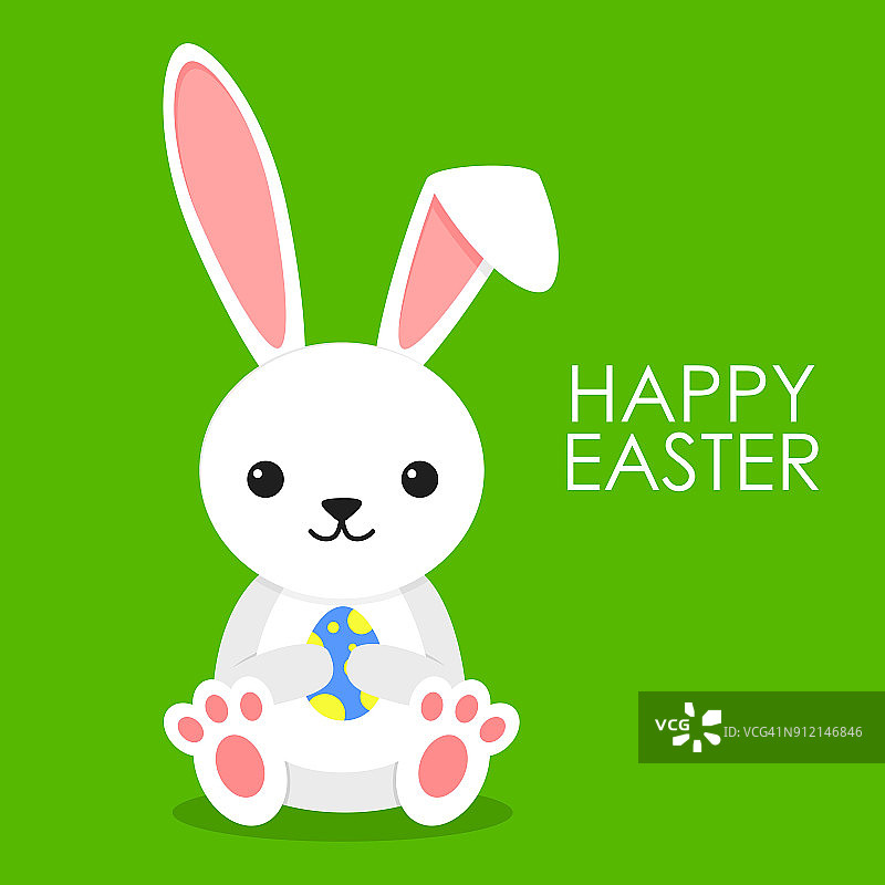 可爱的兔子与蓝色的复活节彩蛋在绿色的背景。小兔子在剥皮风格。复活节贺卡图片素材