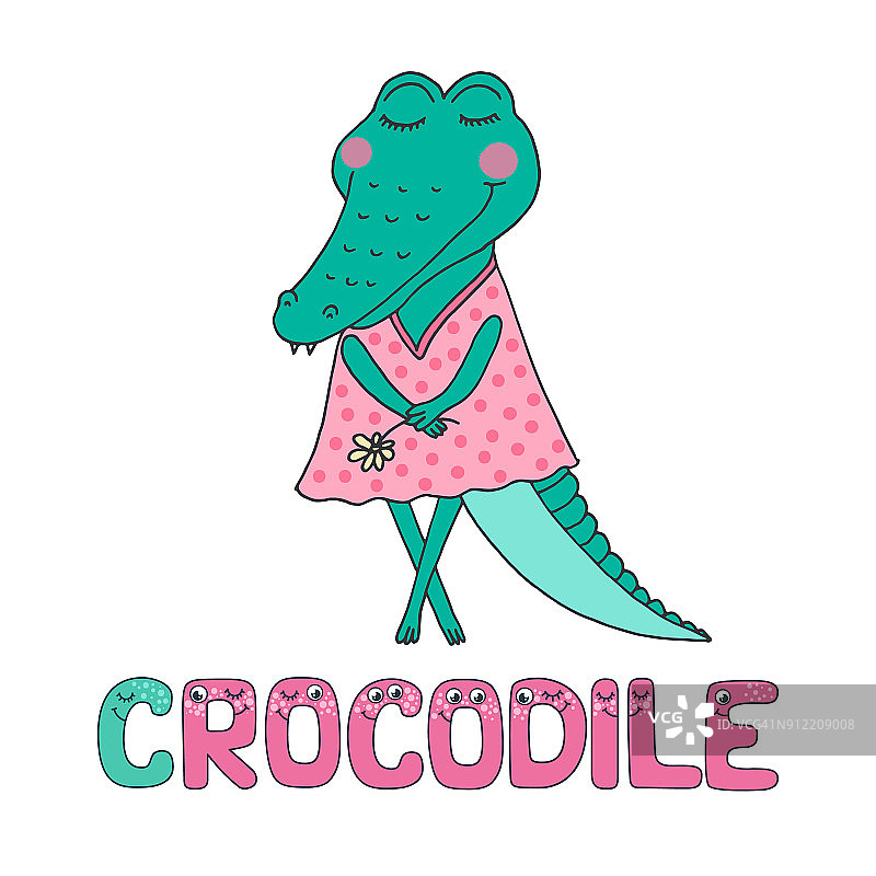 可爱的鳄鱼闭着眼睛穿着粉红色的裙子图片素材