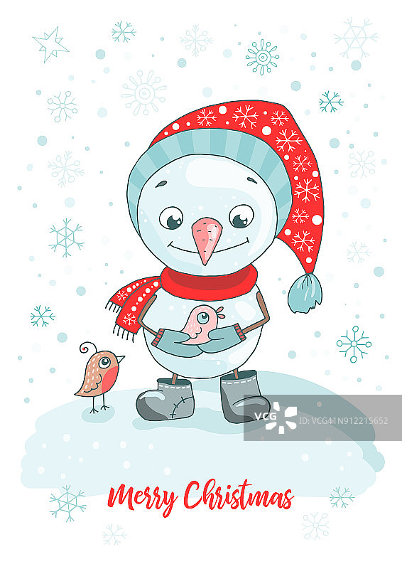圣诞贺卡上有可爱的雪人，小鸟图片素材