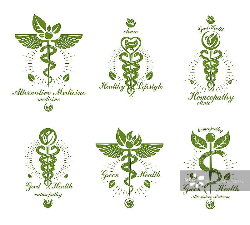 用蛇和绿叶创造的Caduceus向量概念标志。健康和和谐的隐喻。替代医学概念，植物疗法。图片素材