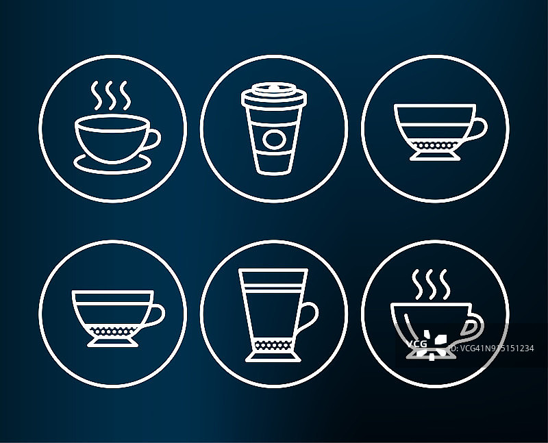 拿铁，干卡布奇诺和外卖咖啡的图标。卡布奇诺、美式咖啡和咖啡的招牌。图片素材