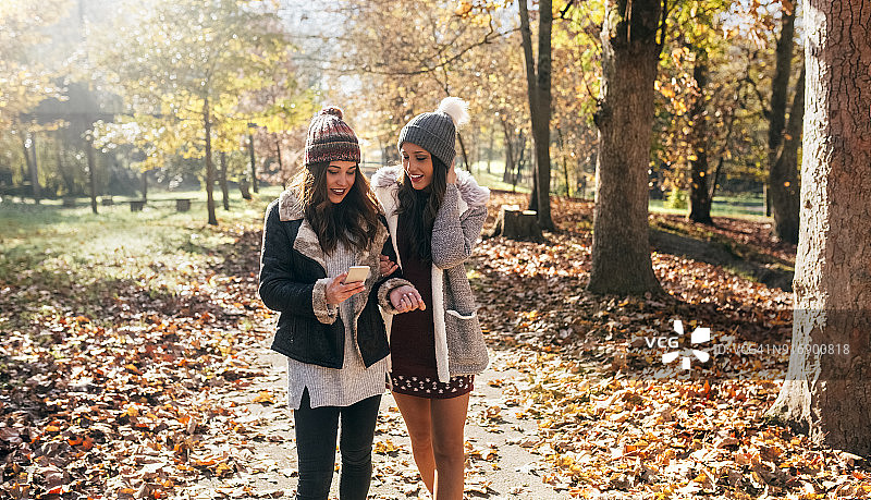 两个女人带着手机走在秋天的森林里图片素材