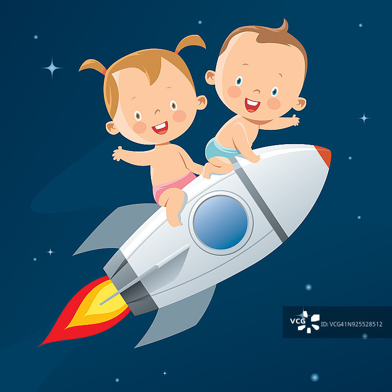 小男孩和小女孩乘宇宙飞船旅行图片素材