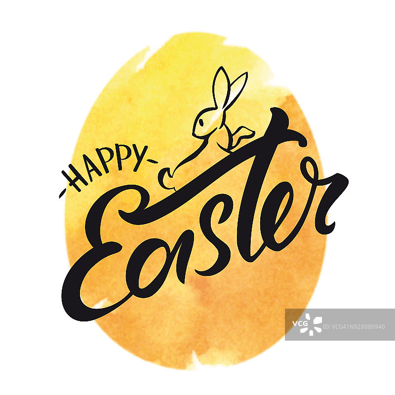 复活节彩蛋与兔子线艺术水彩排印快乐图片素材