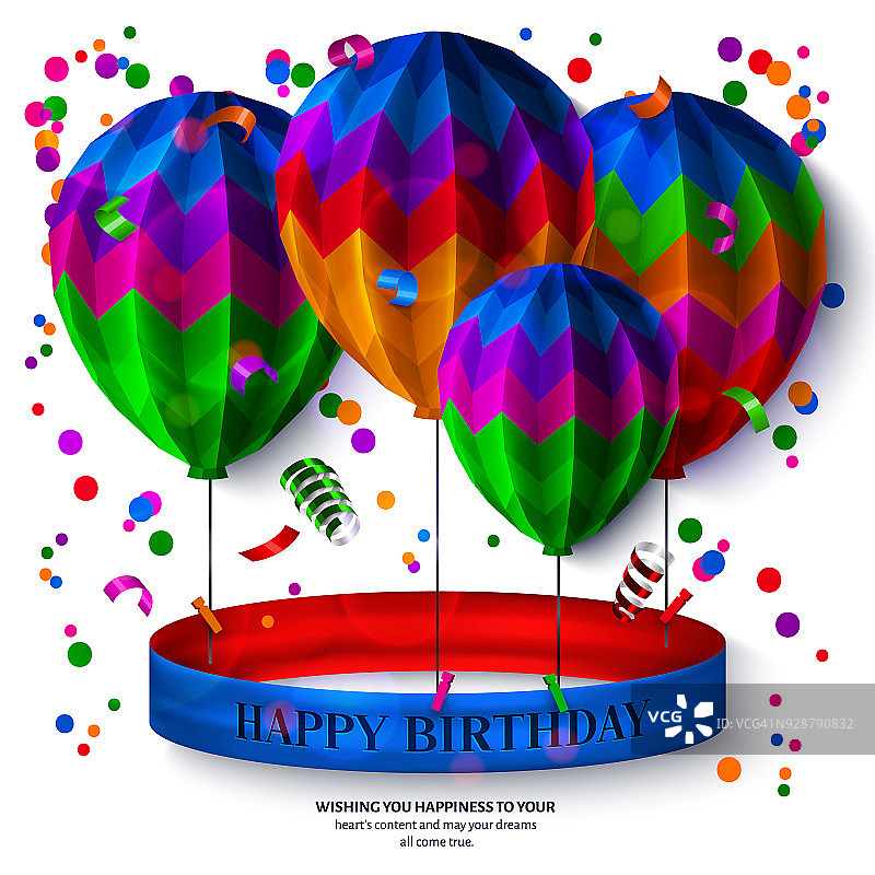 平折纸制的带丝带和气球的生日贺卡。图片素材