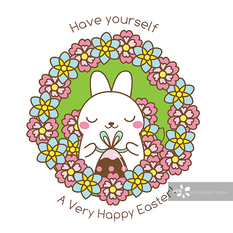 复活节快乐问候。可爱的小白兔坐在花丛中。香甜的复活节兔子和鸡蛋。孤立矢量图标，旗帜图片素材