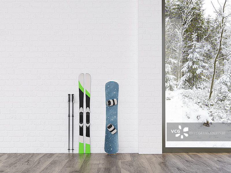 滑雪板和滑雪板在墙上与冬季景观，3d渲染图片素材