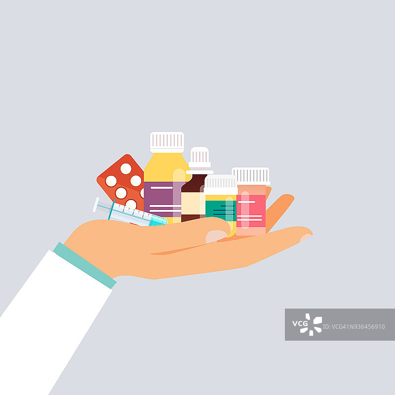 医生手里拿着不同的药和药瓶。平面设计风格现代矢量插图概念。图片素材