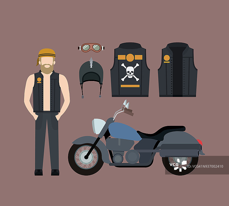 金发摩托车手和经典的蓝色摩托车与夹克和头盔在玫瑰色的背景图片素材