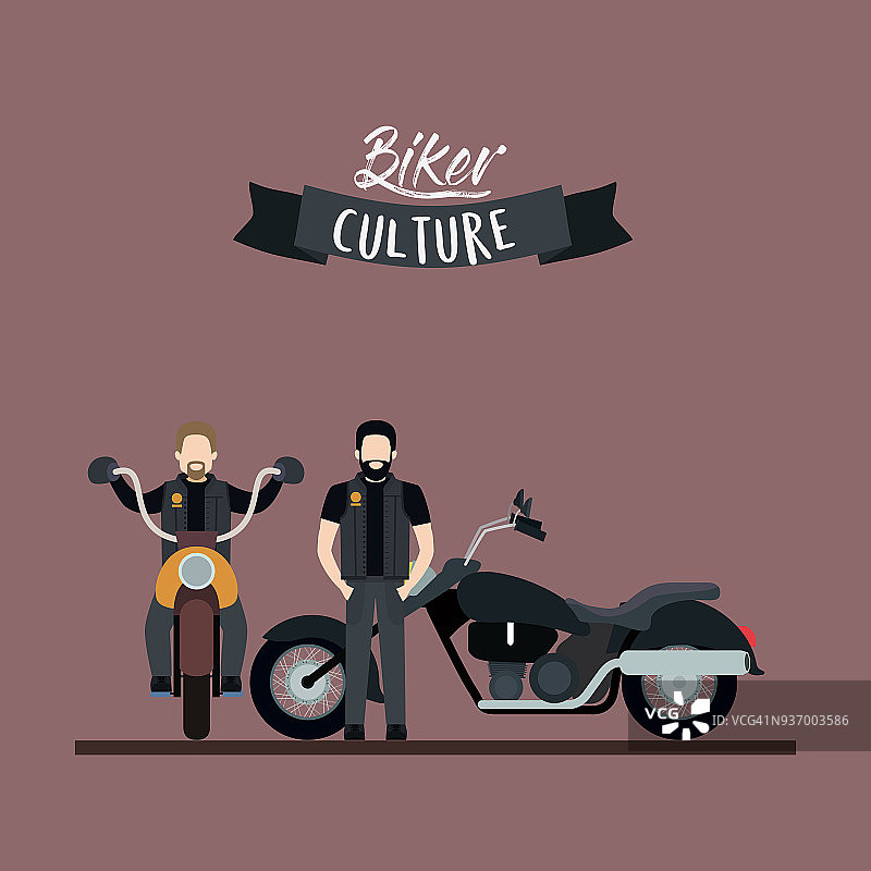 摩托车文化海报与一对男人在经典摩托车和玫瑰色的背景图片素材