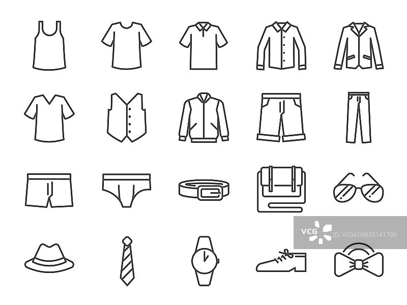 男士服装图标集。包括短裤，工作服，时装，牛仔裤，衬衫，裤子，配件等图标。图片素材