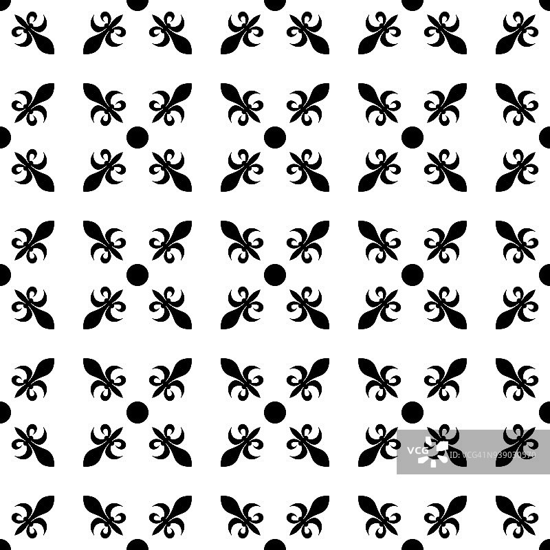 鸢尾呈对角线排列，中间有圆点。抽象复古几何无缝图案。黑色矢量插图上的白色背景图片素材