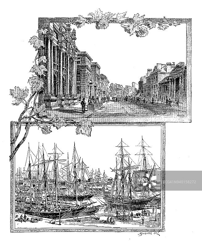 英格兰，苏格兰和爱尔兰的古董插图:高街和码头，加的夫图片素材