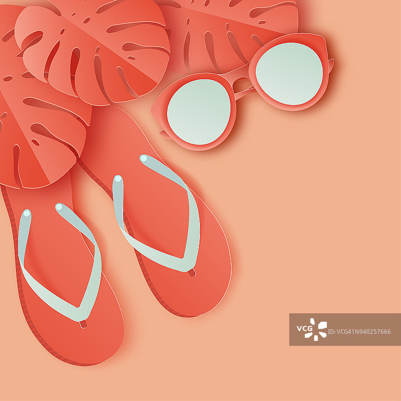 色彩柔和的夏季背景。剪纸太阳镜，拖鞋，棕榈叶。暑假的概念图片素材