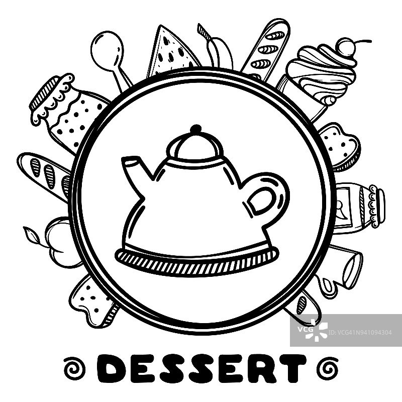 白色背景上有食物的卡通茶壶。手绘插图。甜点时间。图片素材
