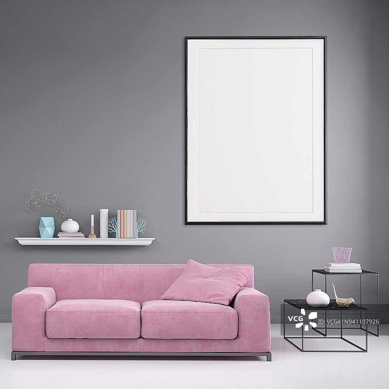 现代室内公寓与彩色沙发和画框模板图片素材