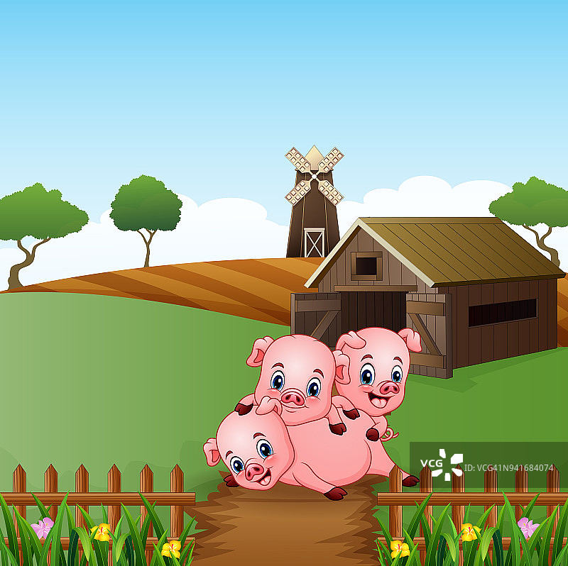 卡通中的三只小猪在农场里玩耍图片素材