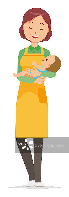 一位穿着围裙的中年家庭主妇抱着一个婴儿图片素材